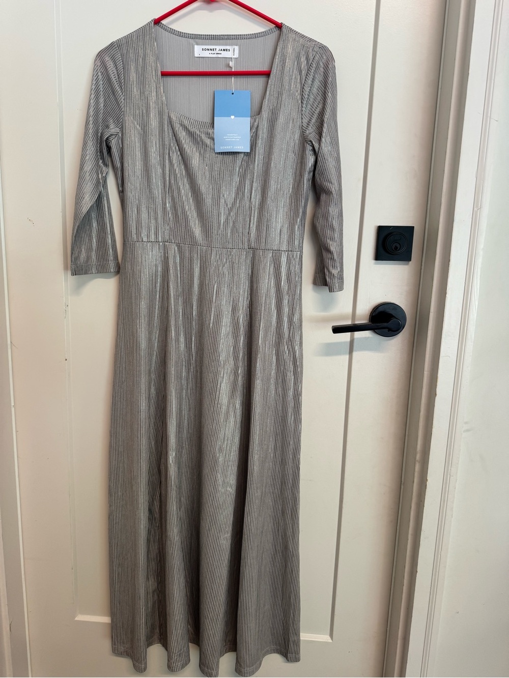 Sonnet James Silver Metallic 3/4 Sleeve Midi Dress, S